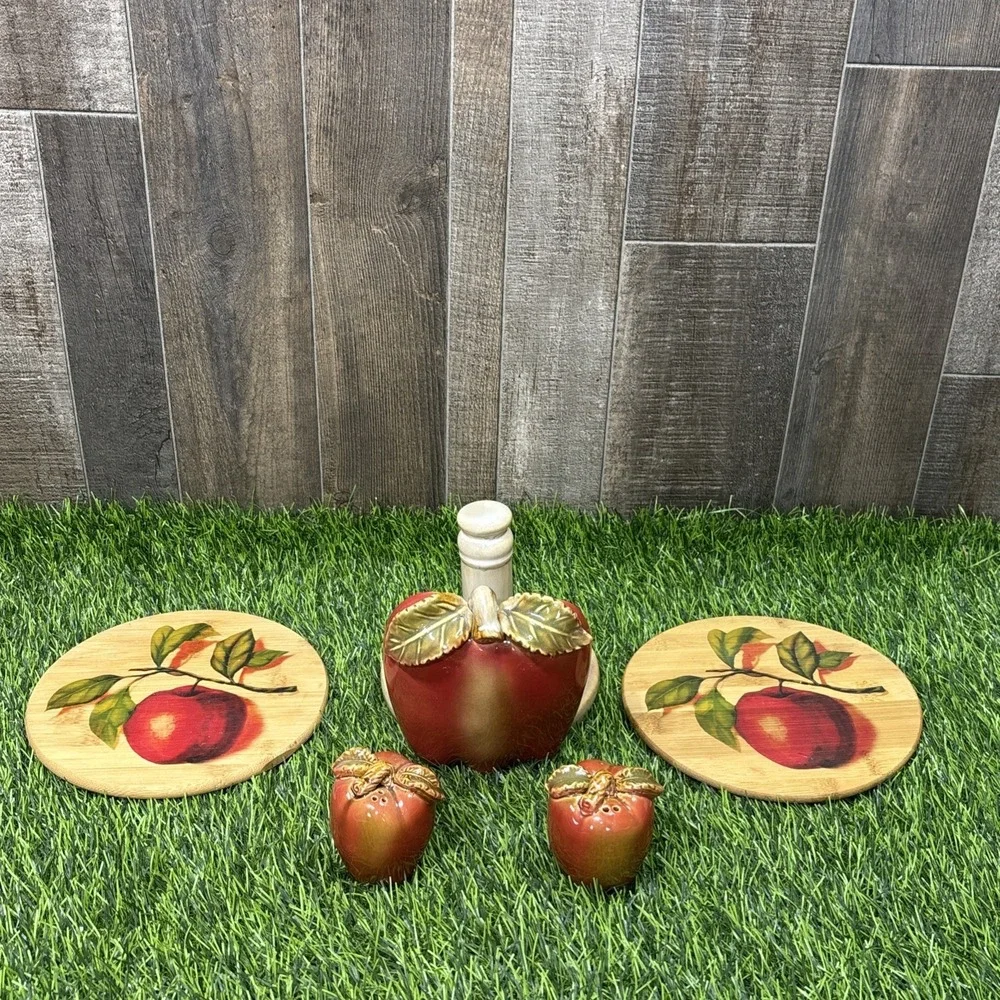 Vintage Apple Kitchen Decor Lot Salt Pepper Shakers Napkin Holder Wood Trivets